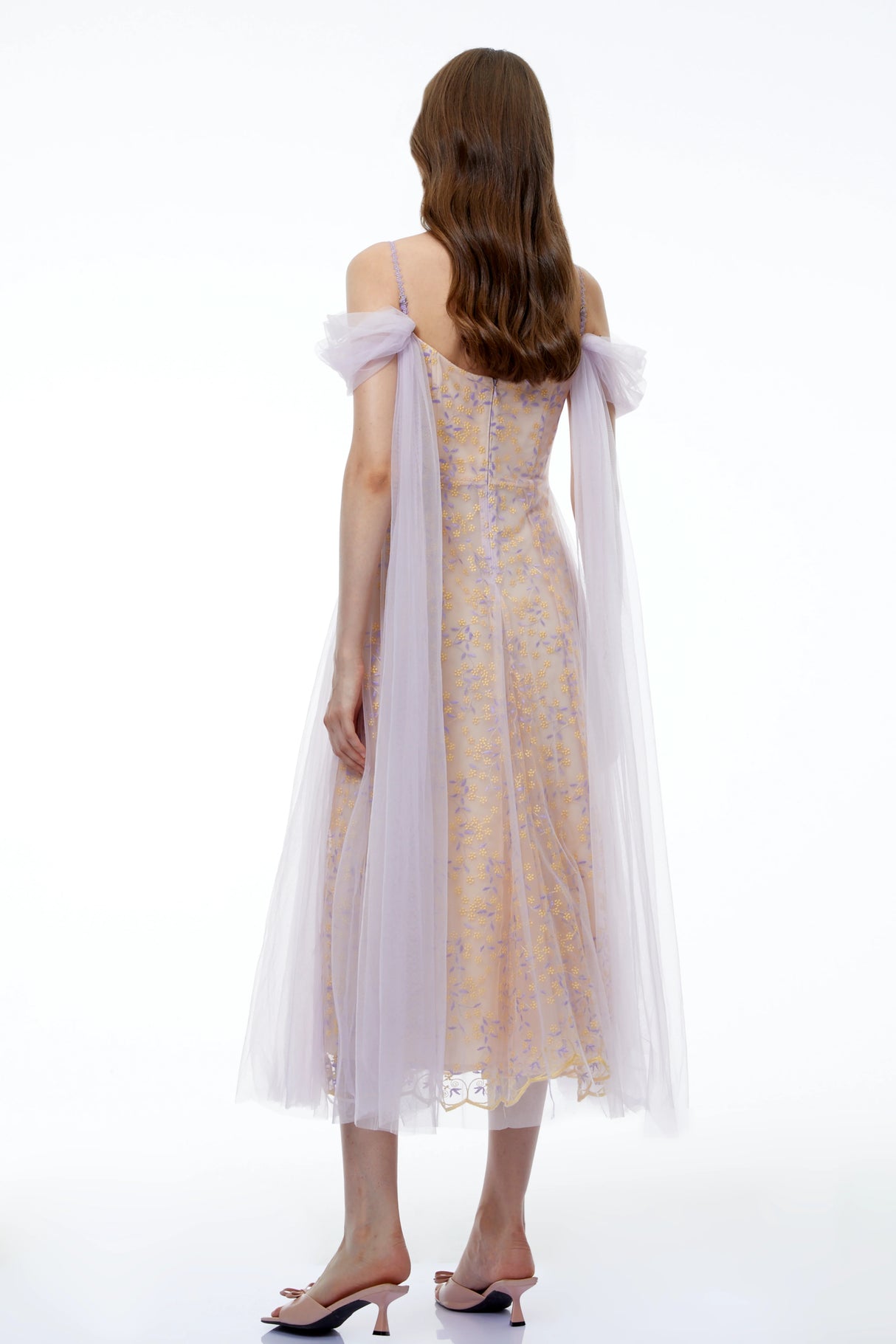 Camille Purple Off Shoulder Floral Embroidered Midi Dress