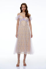 Camille Purple Off Shoulder Floral Embroidered Midi Dress