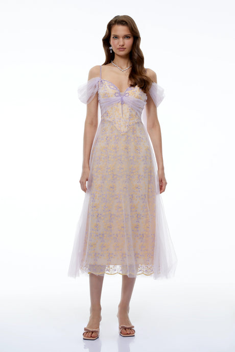 Camille Purple Off Shoulder Floral Embroidered Midi Dress