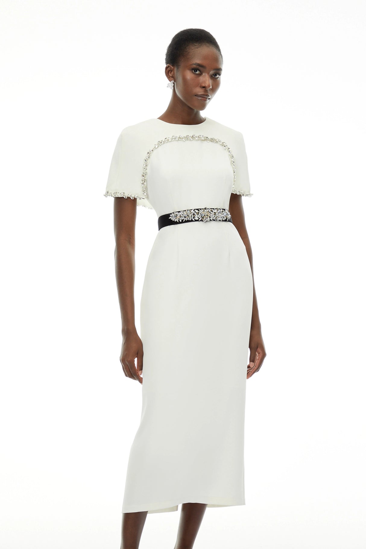 Camille White Embellished Midi Dress with Cape Sleeves