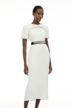 Camille White Embellished Midi Dress with Cape Sleeves