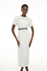 Camille White Embellished Midi Dress with Cape Sleeves