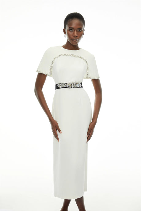 Camille White Embellished Midi Dress with Cape Sleeves