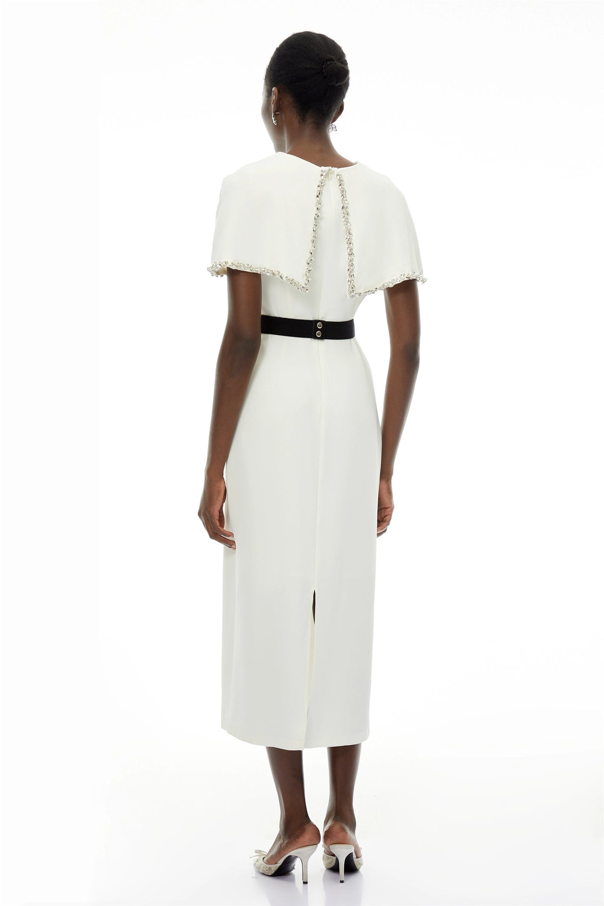 Camille White Embellished Midi Dress with Cape Sleeves