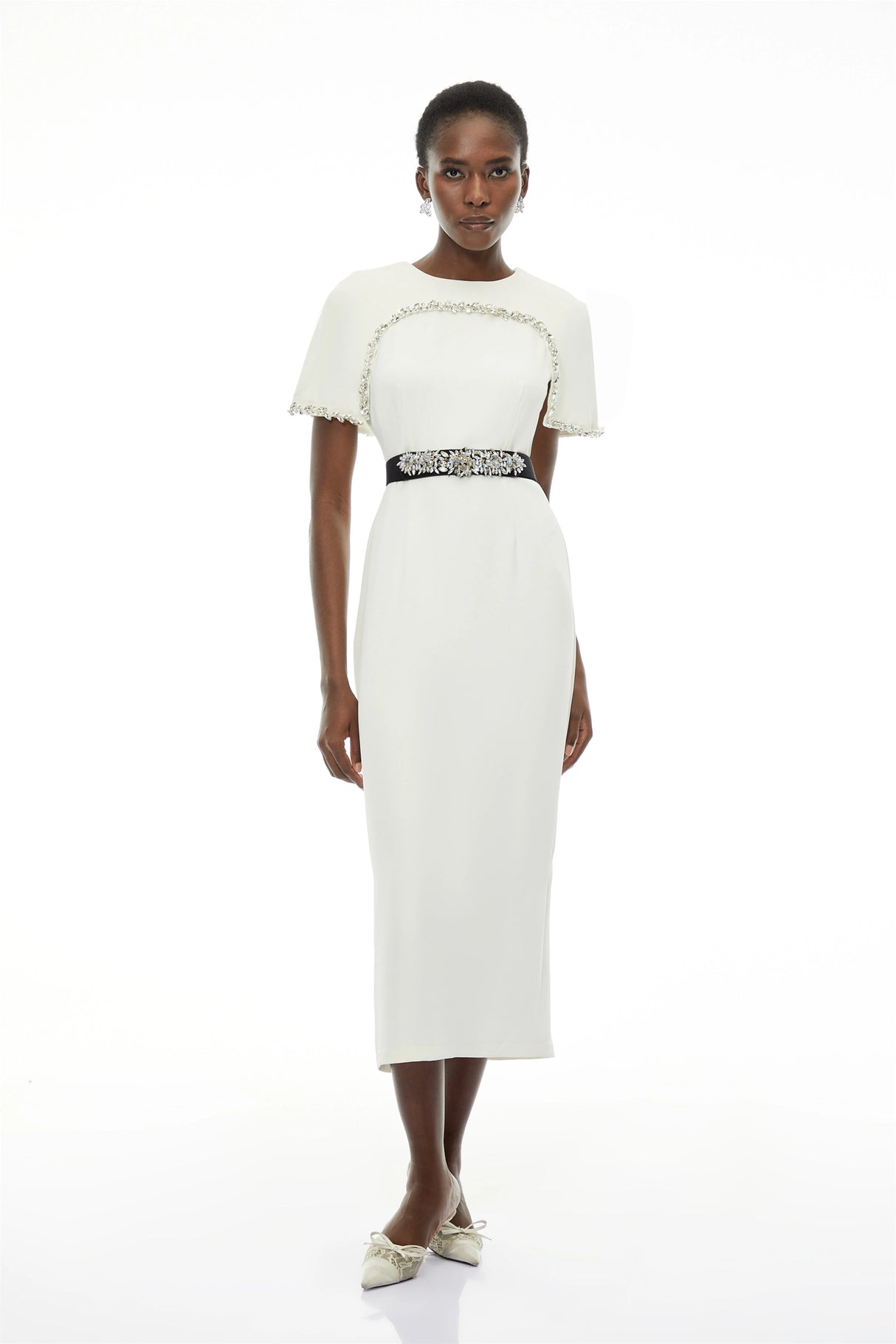 Camille White Embellished Midi Dress with Cape Sleeves