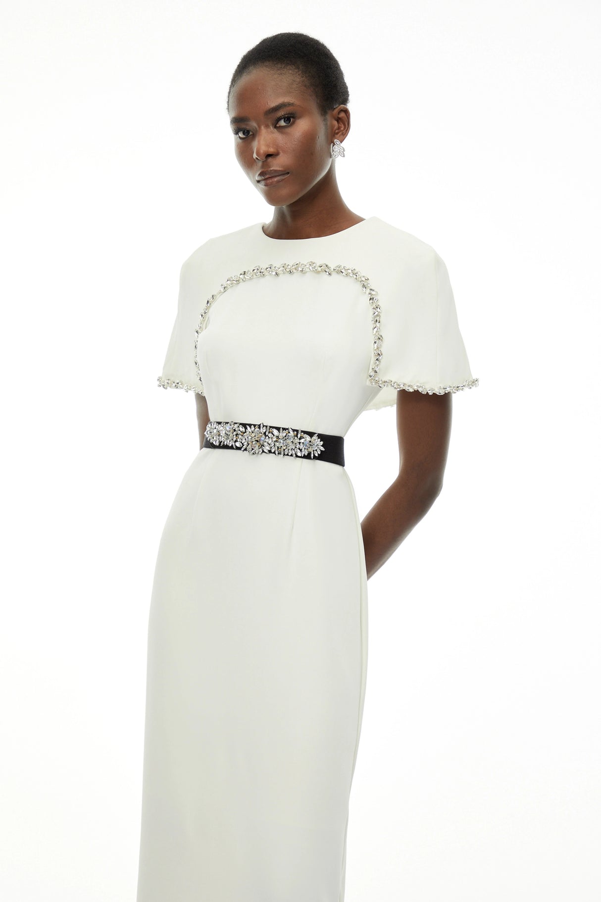 Camille White Embellished Midi Dress with Cape Sleeves