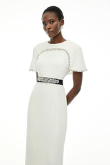 Camille White Embellished Midi Dress with Cape Sleeves
