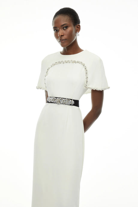 Camille White Embellished Midi Dress with Cape Sleeves