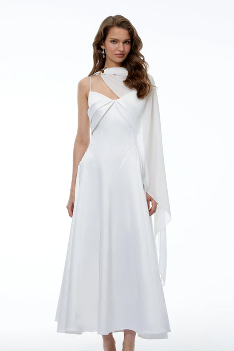 Camille White Sleeveless Maxi Dress with Draped Cape