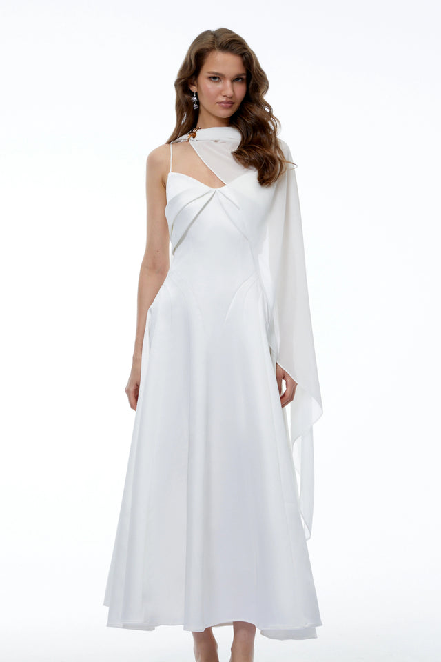 Camille White Sleeveless Maxi Dress with Draped Cape