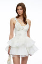 Capucine Neutral Polka Dot Floral Ruffled Mini Dress
