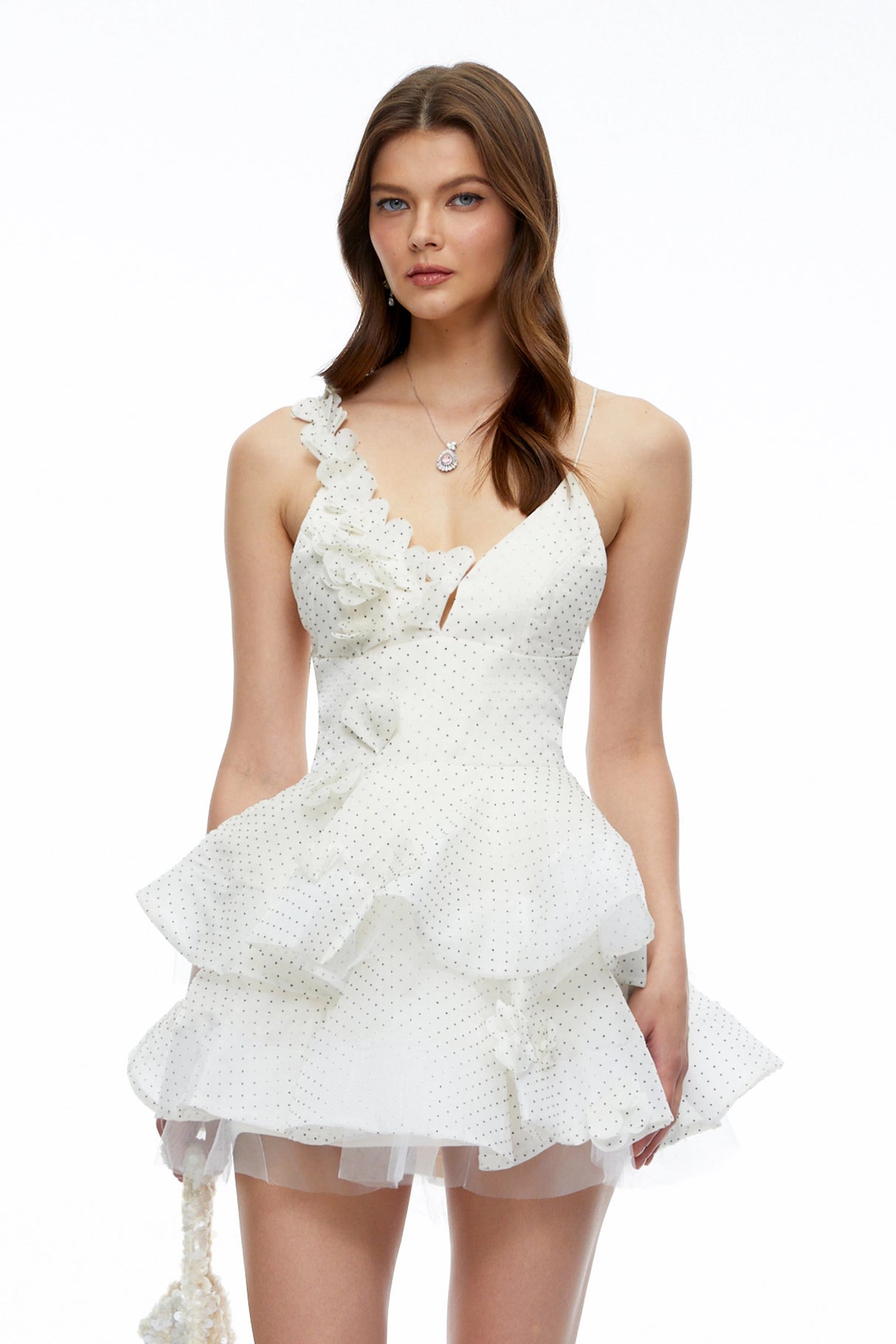Capucine Neutral Polka Dot Floral Ruffled Mini Dress