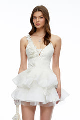 Capucine Neutral Polka Dot Floral Ruffled Mini Dress
