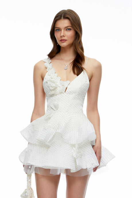 Capucine Neutral Polka Dot Floral Ruffled Mini Dress