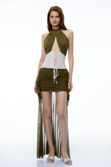 Capucine Olive Green Halterneck Mini Dress with CutOuts and Train