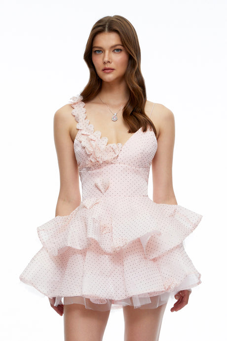 Capucine Pink Polka Dot Floral Ruffled Mini Dress