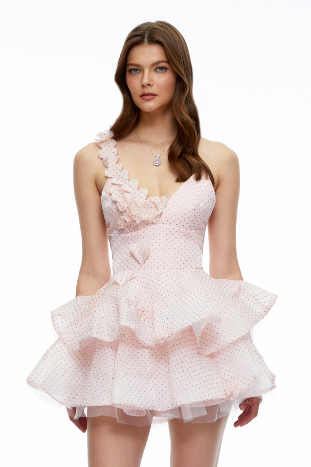 Capucine Pink Polka Dot Floral Ruffled Mini Dress