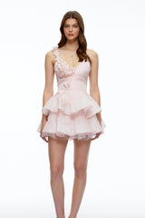 Capucine Pink Polka Dot Floral Ruffled Mini Dress