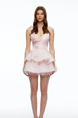 Capucine Pink Polka Dot Floral Ruffled Mini Dress