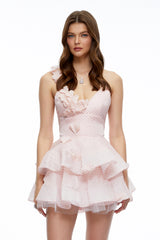 Capucine Pink Polka Dot Floral Ruffled Mini Dress