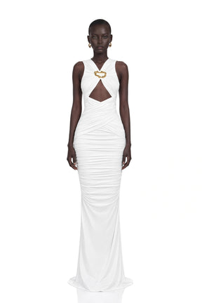 Capucine White Ruched Corset Maxi Dress