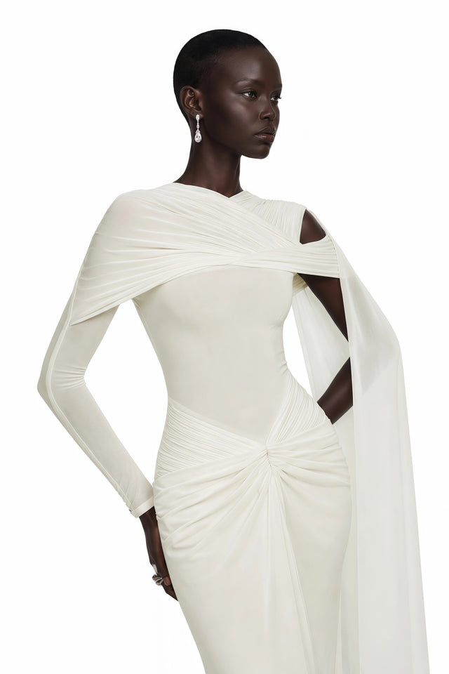 Carina White Asymmetrical Maxi Dress with Cape Sleeves
