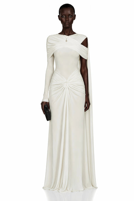 Carina White Asymmetrical Maxi Dress with Cape Sleeves
