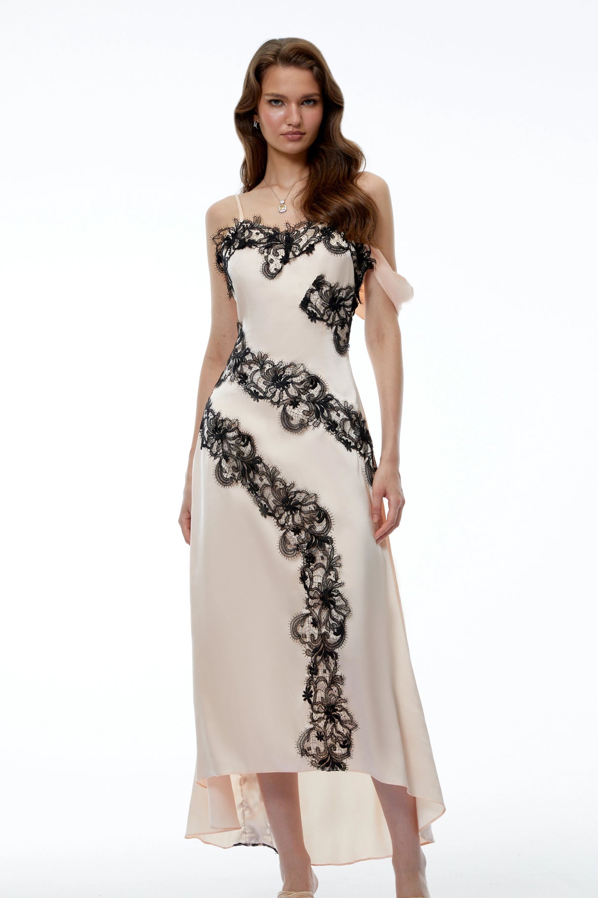 Carl Cream White Asymmetrical Midi Dress with Lace Panels
