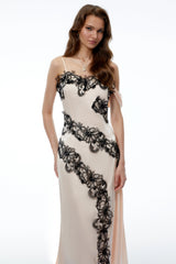 Carl Cream White Asymmetrical Midi Dress with Lace Panels