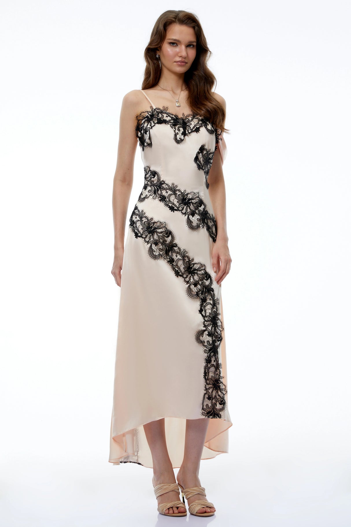 Carl Cream White Asymmetrical Midi Dress with Lace Panels