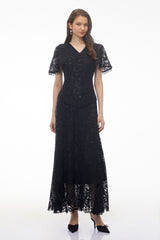 Carlota Black Sequin Floral Lace Maxi Dress