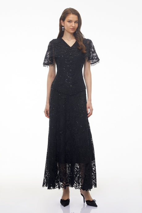 Carlota Black Sequin Floral Lace Maxi Dress