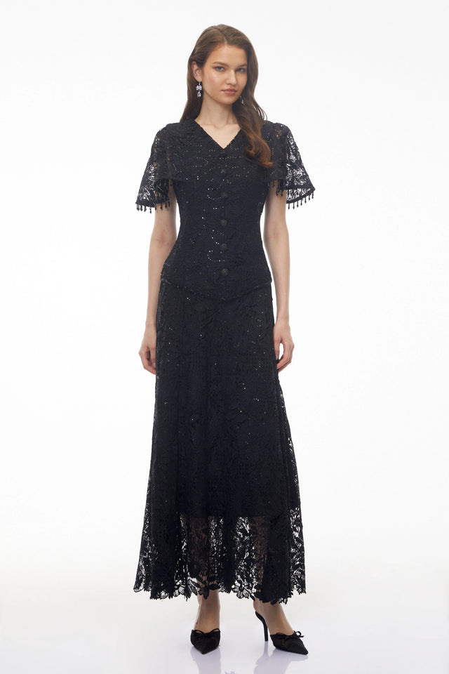 Carlota Black Sequin Floral Lace Maxi Dress