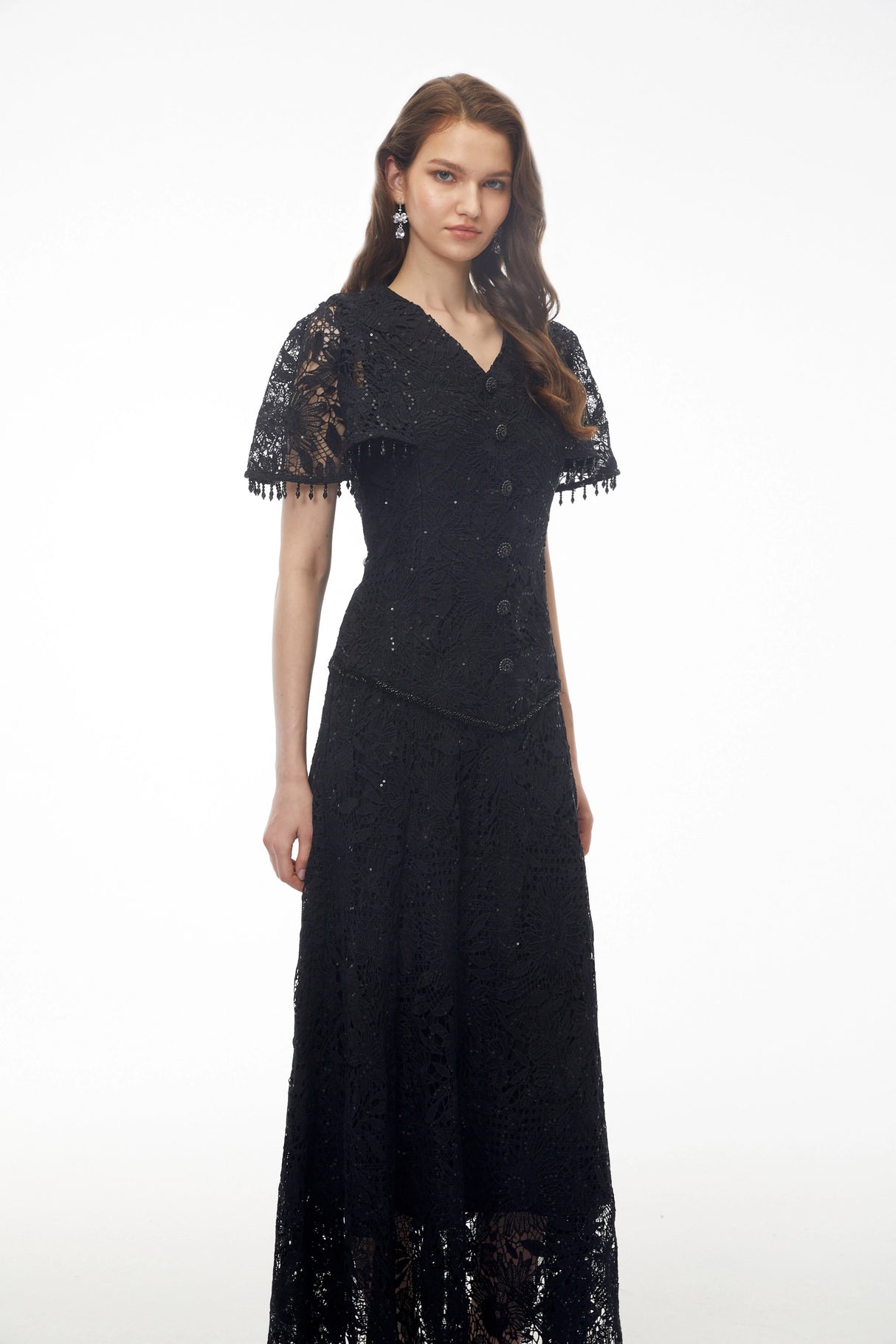 Carlota Black Sequin Floral Lace Maxi Dress