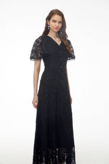 Carlota Black Sequin Floral Lace Maxi Dress