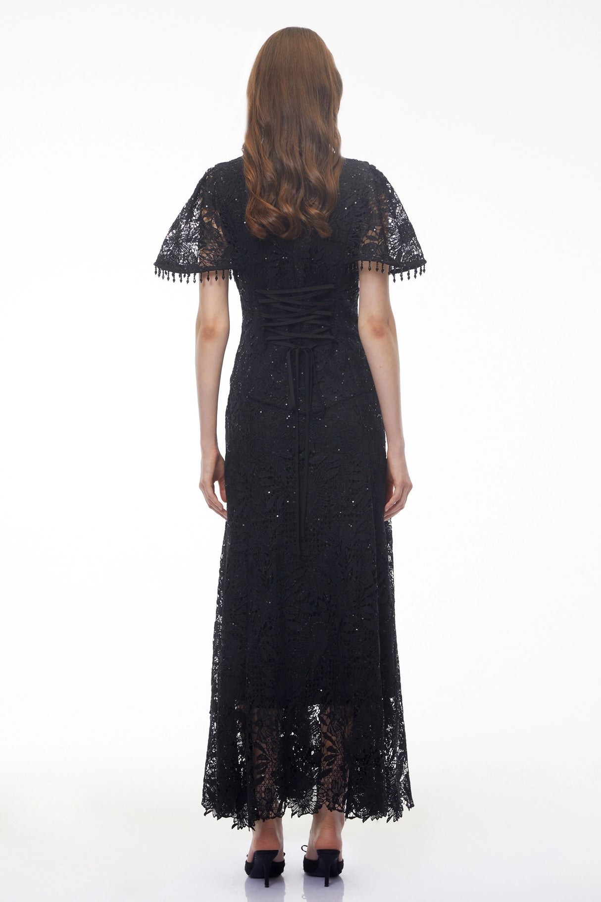 Carlota Black Sequin Floral Lace Maxi Dress
