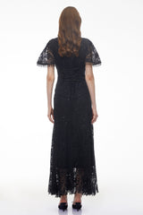 Carlota Black Sequin Floral Lace Maxi Dress