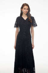 Carlota Black Sequin Floral Lace Maxi Dress