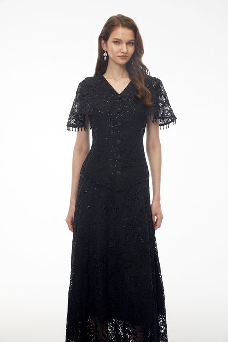 Carlota Black Sequin Floral Lace Maxi Dress