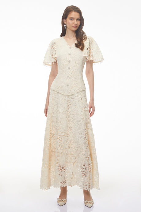 Carlota White Sequin Floral Lace Maxi Dress