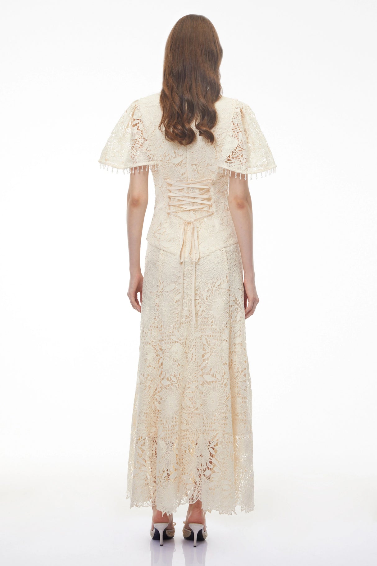 Carlota White Sequin Floral Lace Maxi Dress