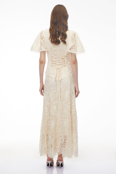 Carlota White Sequin Floral Lace Maxi Dress