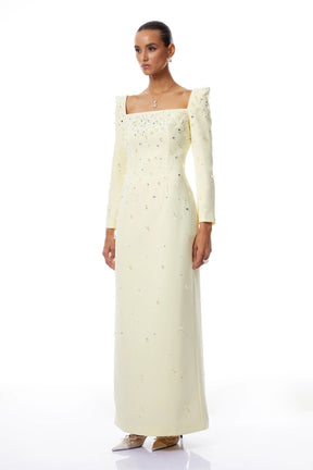 Carmela Yellow Square Neck Embellished Maxi Dress