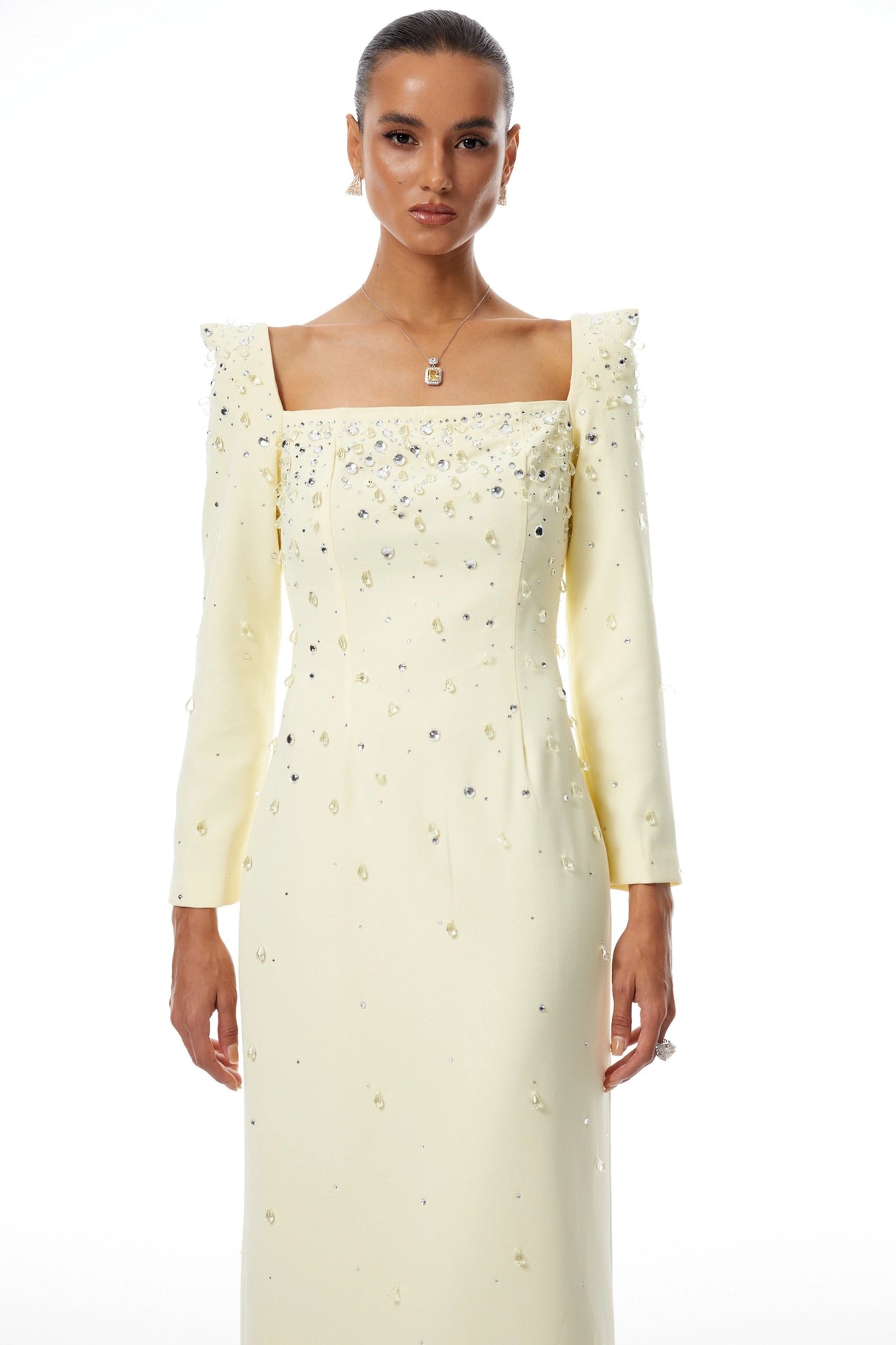 Carmela Yellow Square Neck Embellished Maxi Dress