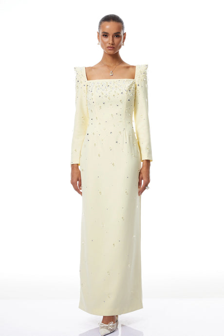 Carmela Yellow Square Neck Embellished Maxi Dress