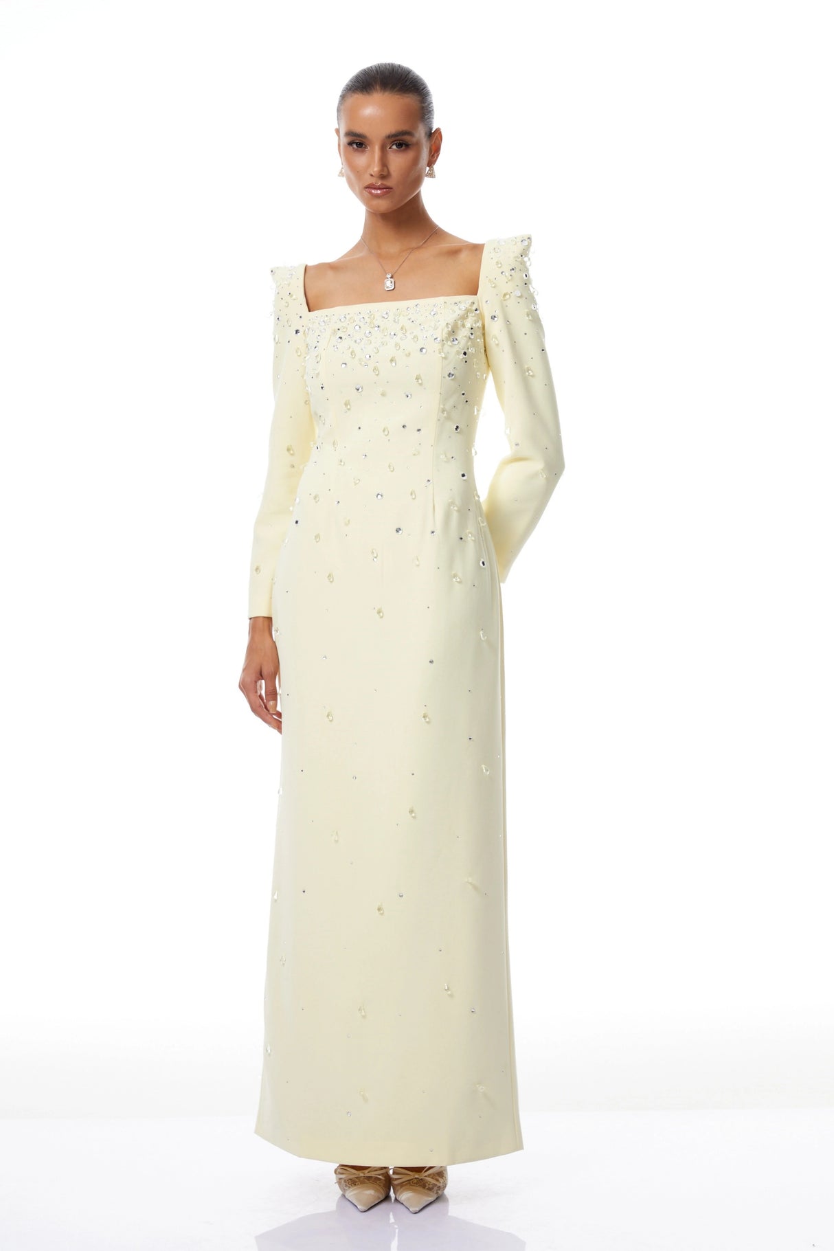 Carmela Yellow Square Neck Embellished Maxi Dress