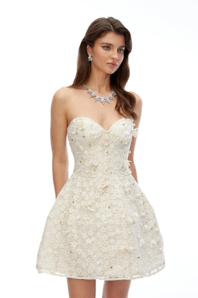 Carmen White Off Shoulder Corset Mini Dress with 3D Petals