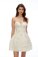 Carmen White Off Shoulder Corset Mini Dress with 3D Petals