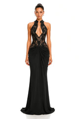 Carolina Black Plunge Neck Embellished Ruched Maxi Dress