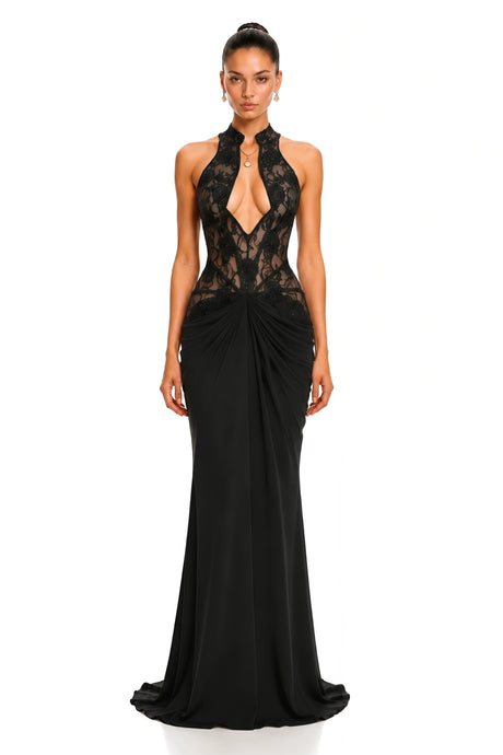 Carolina Black Plunge Neck Embellished Ruched Maxi Dress
